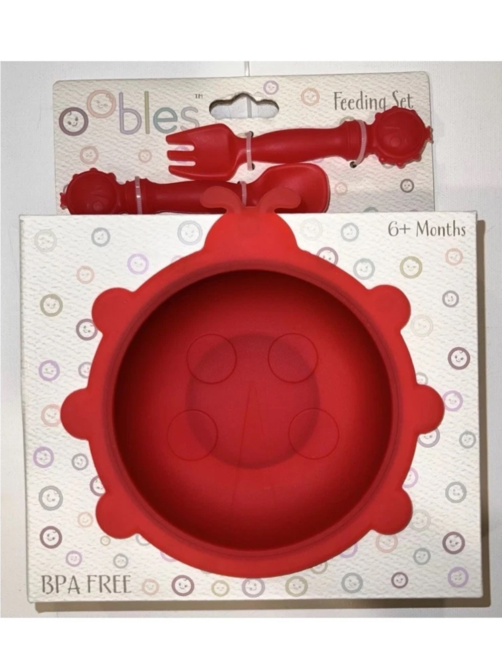 NIB oobles Red Ladybug Silicone Baby Feeding Set Bowl Fork Spoon BPA Free